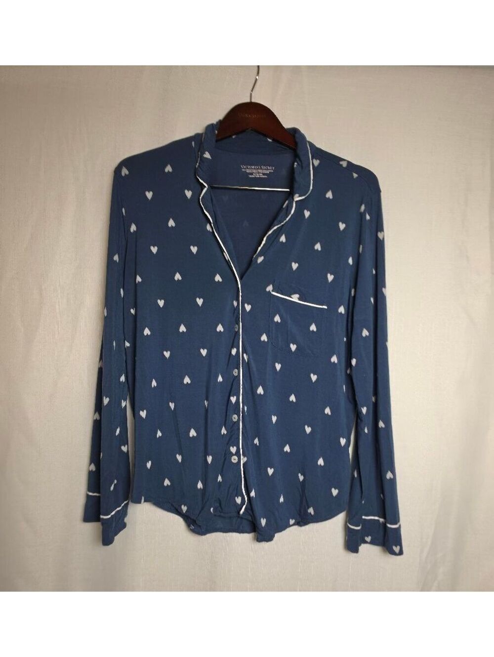 Victoria’s Secret Blue Heart Print Modal Pajama Sleep Shirt Button Down Size M